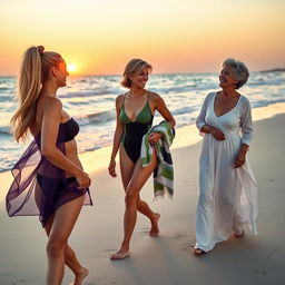 A picturesque scene on a sandy beach during sunset, featuring three women