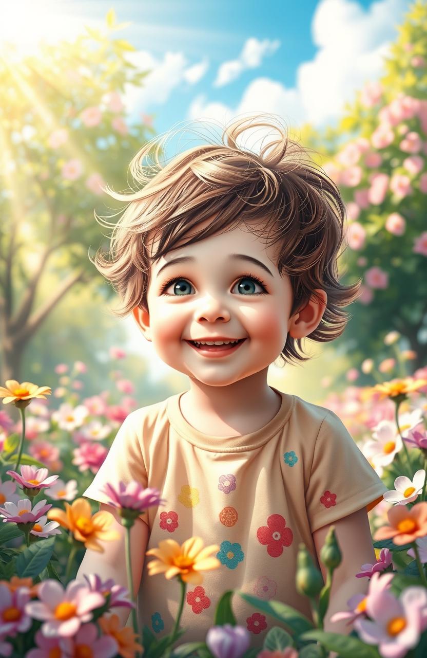 A serene and blissful scene depicting a child with an innocent smile, surrounded by a vibrant, colorful garden filled with blooming flowers and sunlight streaming through the trees