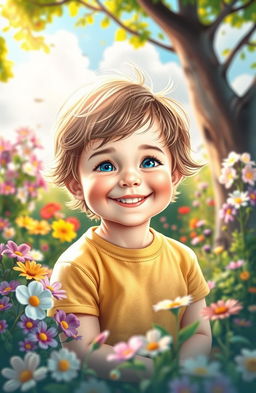 A serene and blissful scene depicting a child with an innocent smile, surrounded by a vibrant, colorful garden filled with blooming flowers and sunlight streaming through the trees