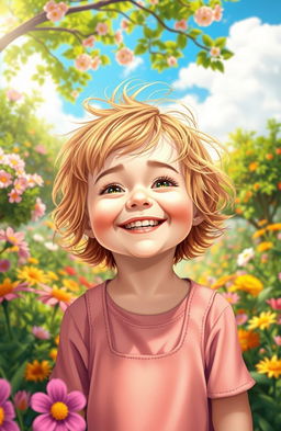 A serene and blissful scene depicting a child with an innocent smile, surrounded by a vibrant, colorful garden filled with blooming flowers and sunlight streaming through the trees