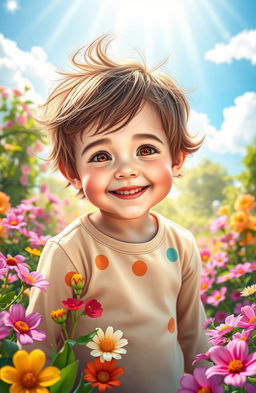 A serene and blissful scene depicting a child with an innocent smile, surrounded by a vibrant, colorful garden filled with blooming flowers and sunlight streaming through the trees