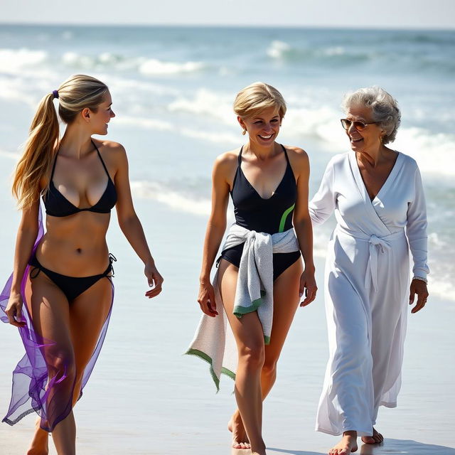 A captivating scene of a beautiful woman walking along a beach, her long blonde hair styled in a ponytail flowing gracefully behind her