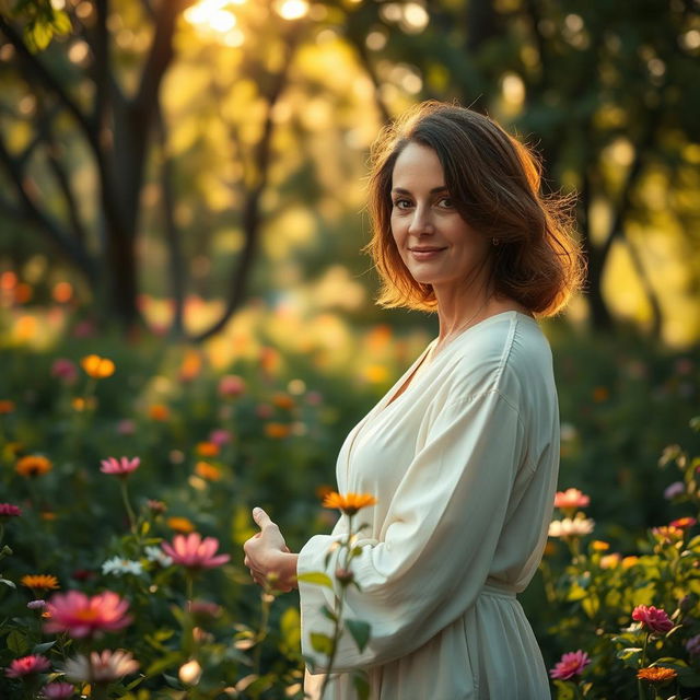 A serene and intimate portrait of a mother in a natural setting, symbolizing love and nurturing