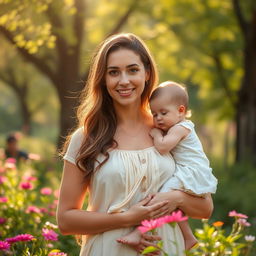 A serene and intimate portrait of a mother in a natural setting, symbolizing love and nurturing