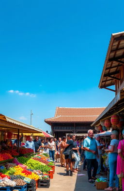 A vibrant scene depicting the transition from an open air market to a roofed traditional market