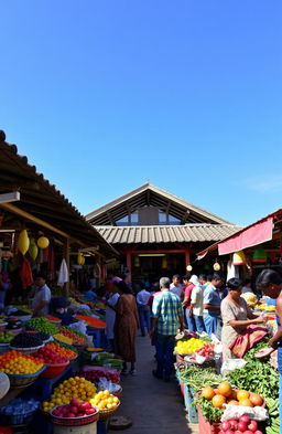 A vibrant scene depicting the transition from an open air market to a roofed traditional market