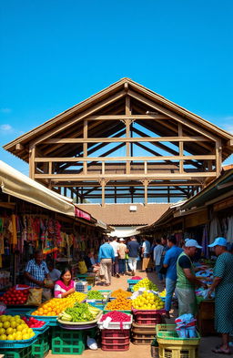 A vibrant scene depicting the transition from an open air market to a roofed traditional market