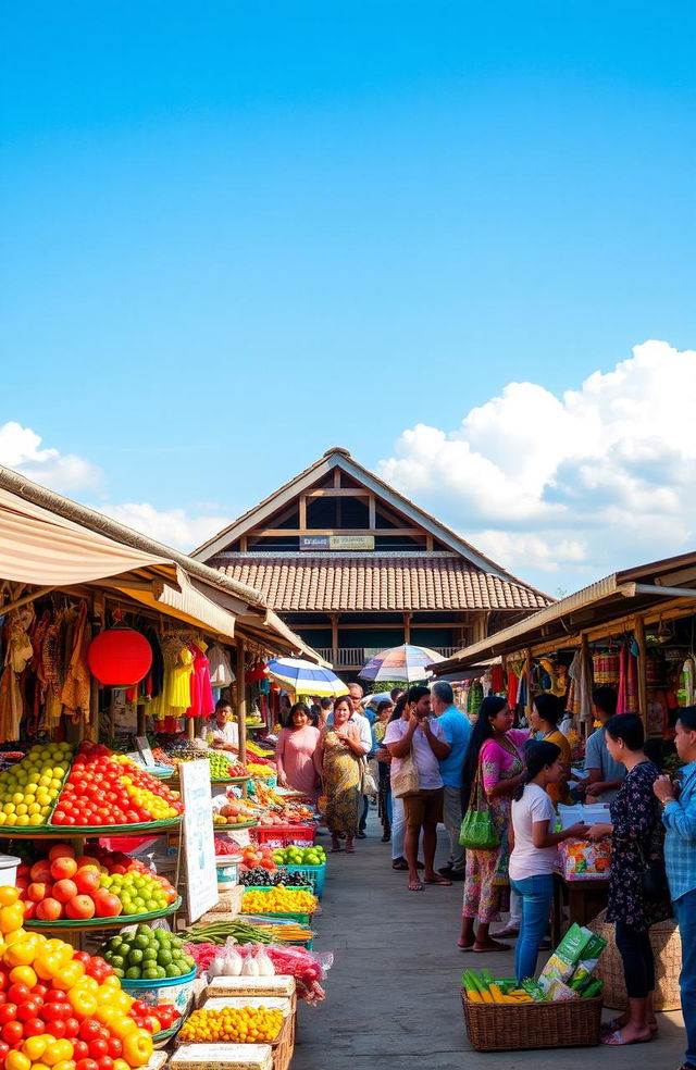 A vibrant scene depicting the transition from an open air market to a roofed traditional market