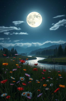A serene night scene featuring a full moon casting a soft glow over a tranquil meadow
