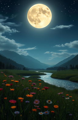 A serene night scene featuring a full moon casting a soft glow over a tranquil meadow