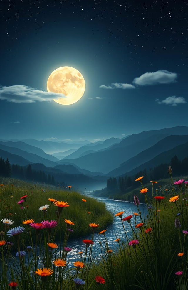 A serene night scene featuring a full moon casting a soft glow over a tranquil meadow