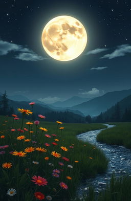 A serene night scene featuring a full moon casting a soft glow over a tranquil meadow