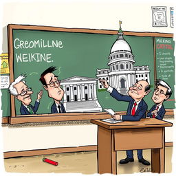 A humorous and satirical illustration depicting a teacher at a chalkboard, energetically drawing a caricature of the Oregon State Capitol building
