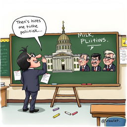 A humorous and satirical illustration depicting a teacher at a chalkboard, energetically drawing a caricature of the Oregon State Capitol building