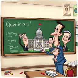 A humorous and satirical illustration depicting a teacher at a chalkboard, energetically drawing a caricature of the Oregon State Capitol building