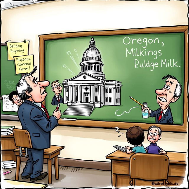 A humorous and satirical illustration depicting a teacher at a chalkboard, energetically drawing a caricature of the Oregon State Capitol building