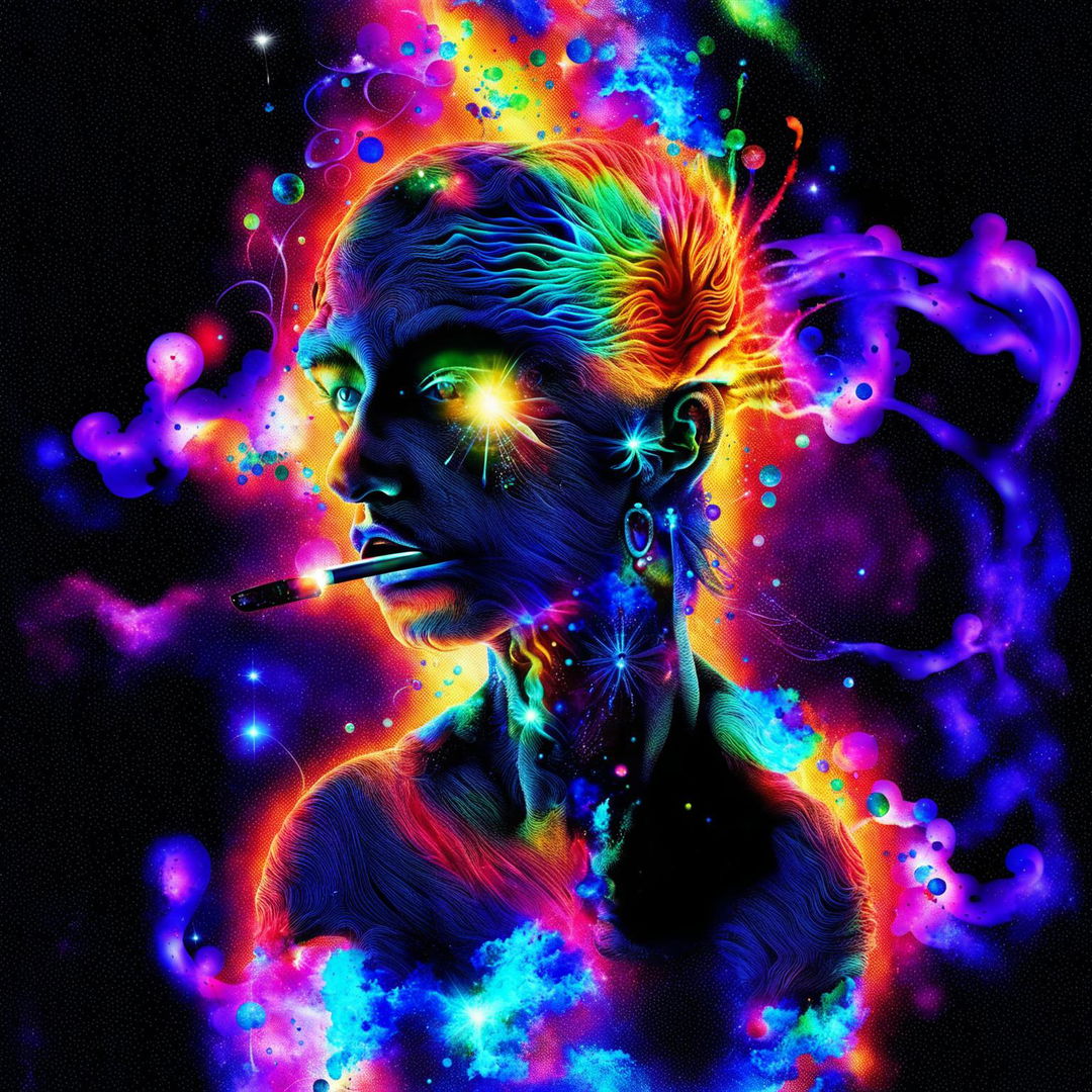 A vibrant, psychedelic visionary art piece depicts a cosmic, humanlike entity lighting a cigarette on a star