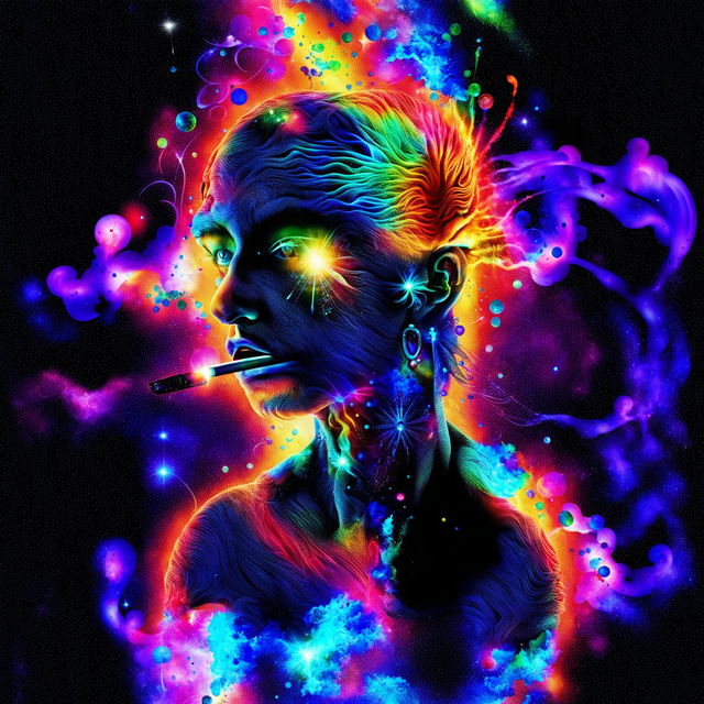 A vibrant, psychedelic visionary art piece depicts a cosmic, humanlike entity lighting a cigarette on a star