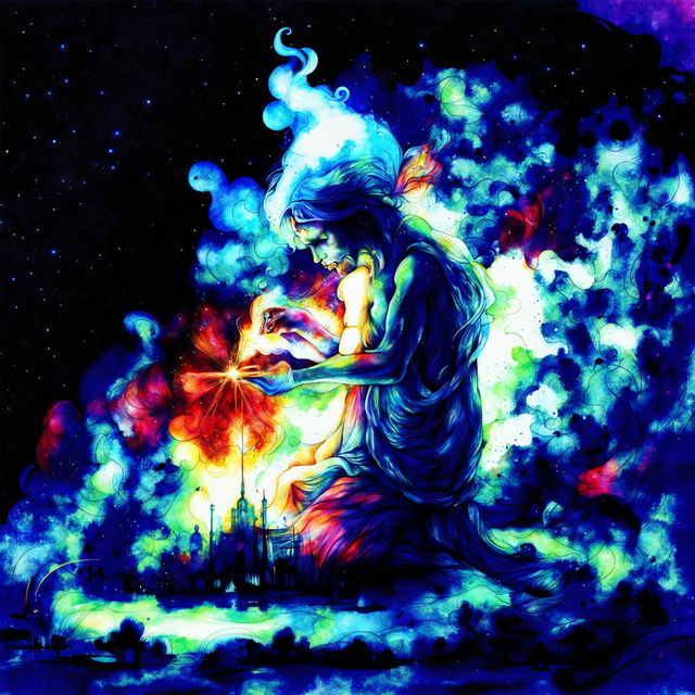 In this vibrant, watercolour painting, a cosmic, humanlike entity lights a cigarette on a star