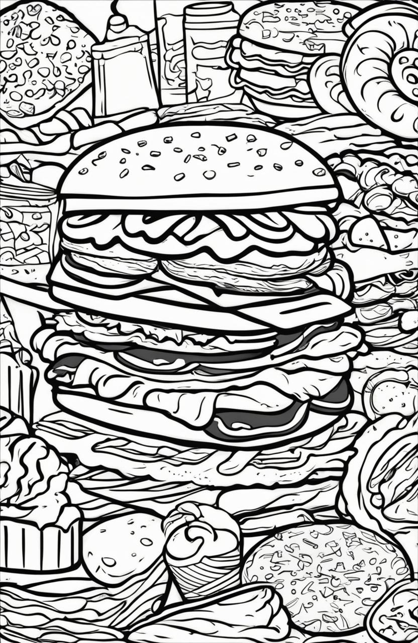 A coloring book style digital art image featuring a variety of delicious food items drawn with bold, thick lines perfect for coloring