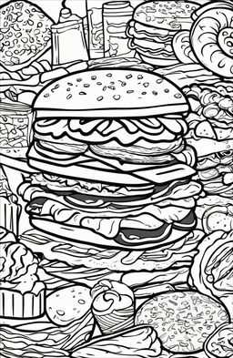 A coloring book style digital art image featuring a variety of delicious food items drawn with bold, thick lines perfect for coloring