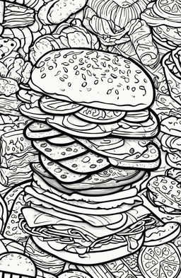 A coloring book style digital art image featuring a variety of delicious food items drawn with bold, thick lines perfect for coloring