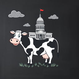 A playful and whimsical chalkboard drawing featuring the Oregon State Capitol building humorously placed on top of a cartoon cow with exaggerated, huge udders