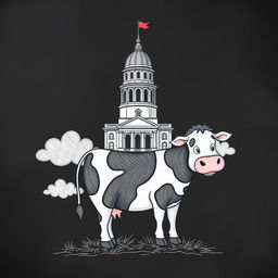 A playful and whimsical chalkboard drawing featuring the Oregon State Capitol building humorously placed on top of a cartoon cow with exaggerated, huge udders