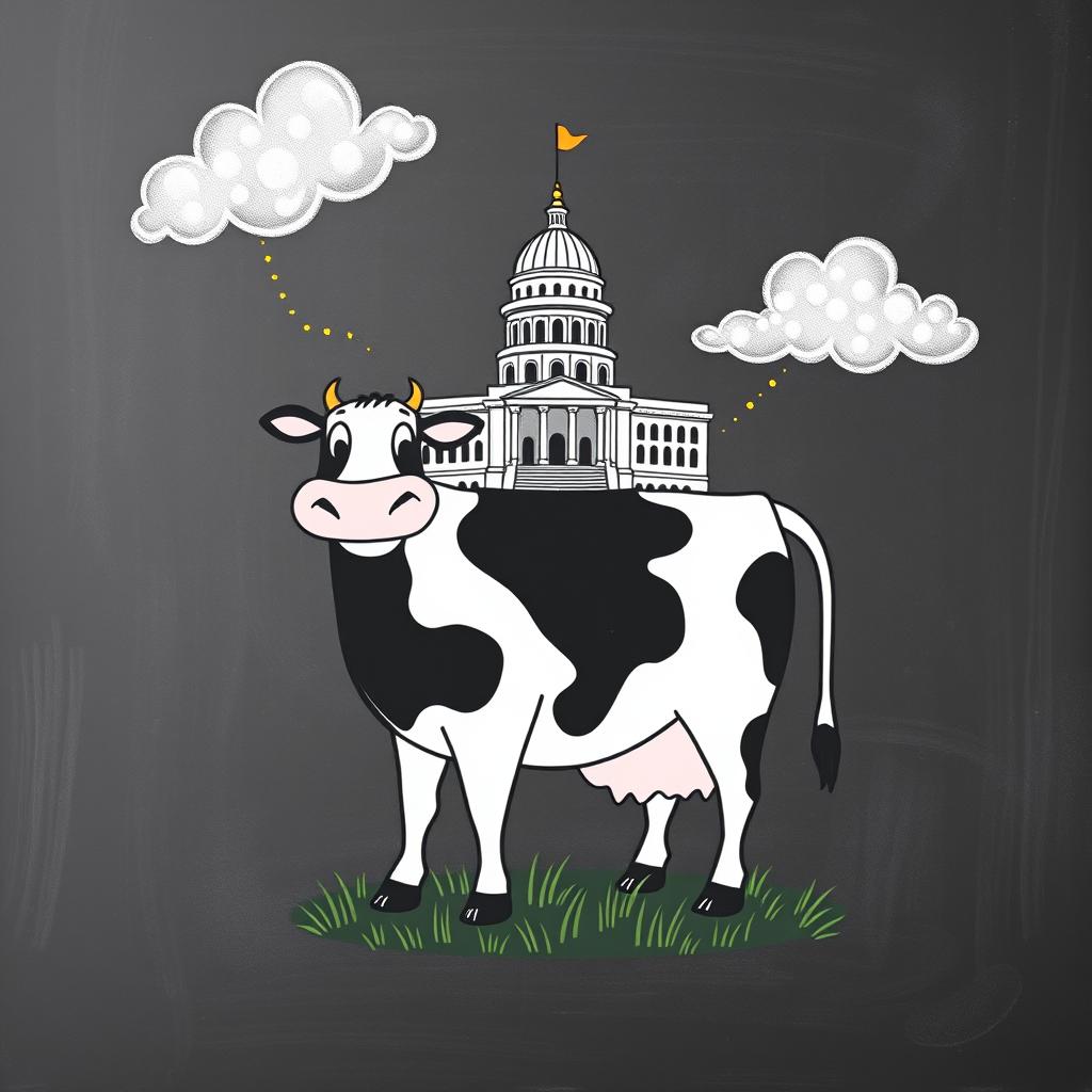 A playful and whimsical chalkboard drawing featuring the Oregon State Capitol building humorously placed on top of a cartoon cow with exaggerated, huge udders