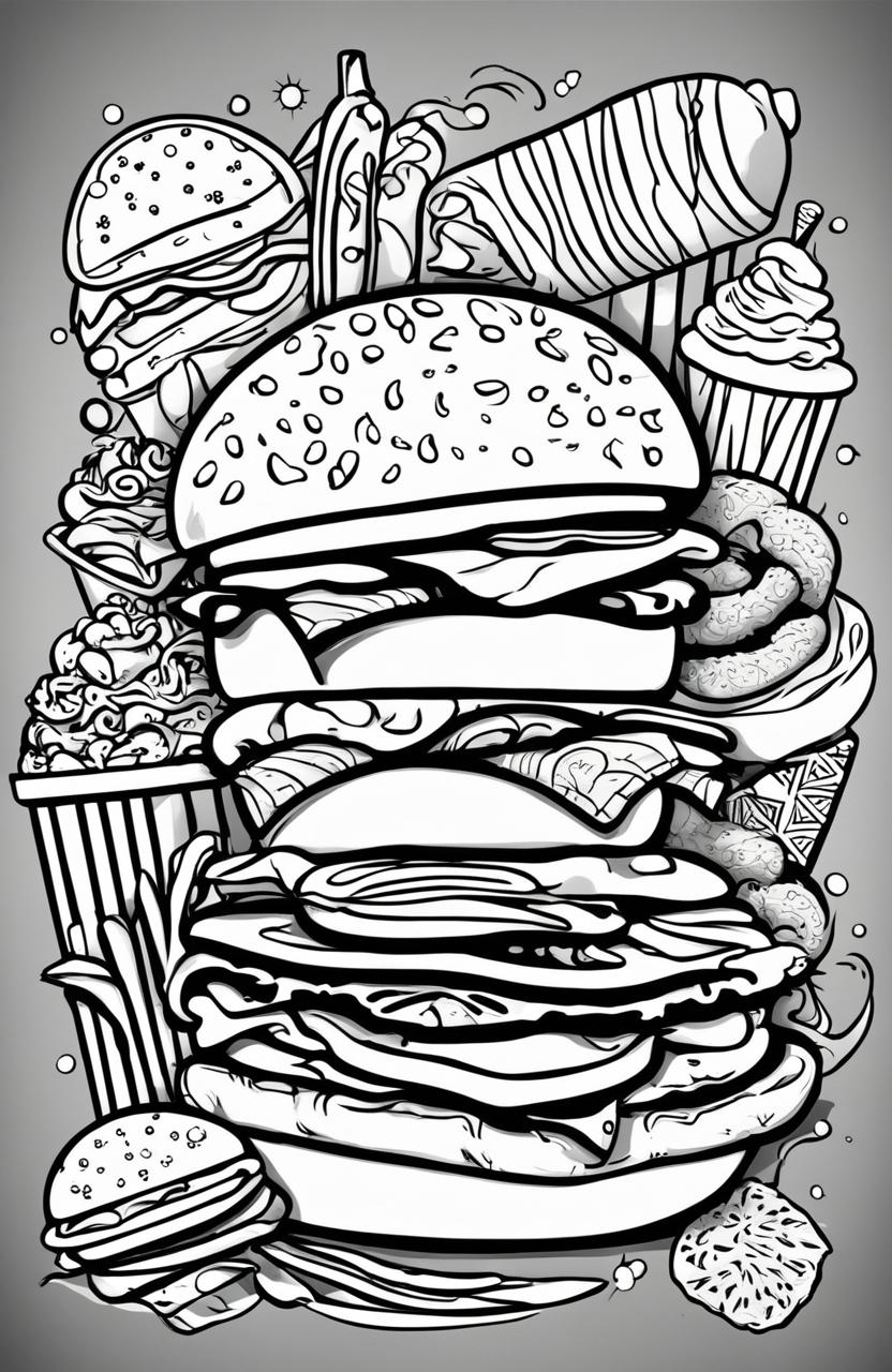 A coloring book style digital art image featuring a variety of delicious food items drawn with bold, thick lines perfect for coloring