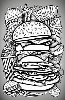 A coloring book style digital art image featuring a variety of delicious food items drawn with bold, thick lines perfect for coloring