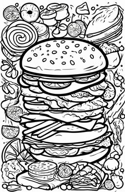 A coloring book style digital art image featuring a variety of delicious food items drawn with bold, thick lines perfect for coloring