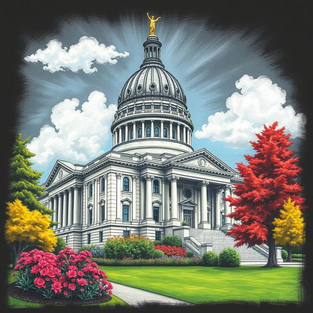 A detailed and artistic chalk drawing of the Oregon State Capitol building, showcasing its iconic dome and distinctive architecture