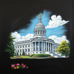 A detailed and artistic chalk drawing of the Oregon State Capitol building, showcasing its iconic dome and distinctive architecture