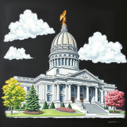 A detailed and artistic chalk drawing of the Oregon State Capitol building, showcasing its iconic dome and distinctive architecture