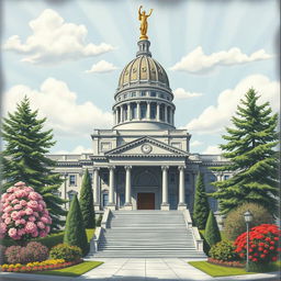 A detailed and artistic chalk drawing of the Oregon State Capitol building, showcasing its iconic dome and distinctive architecture