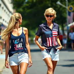 A beautiful scene on a sunny street featuring a pretty woman with long blonde hair pulled back in a ponytail, flowing behind her as she walks