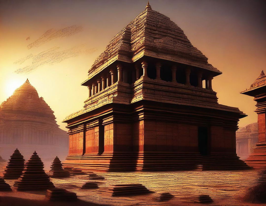 A digital art image of the grand temple of Sringeri showing signs of damage from a Maratha Pindari raid