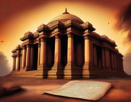 A digital art image of the grand temple of Sringeri showing signs of damage from a Maratha Pindari raid