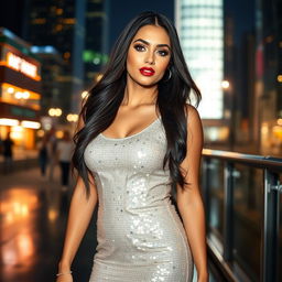 A stunningly beautiful woman with long flowing dark hair, wearing a sparkling silver sequin dress that hugs her curves, standing confidently in a glamorous cityscape at night