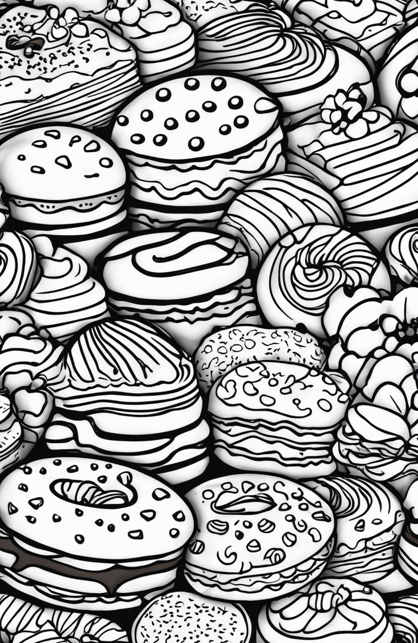 A coloring book style digital art image featuring a delightful assortment of cookies and desserts drawn with crisp, bold lines perfect for coloring