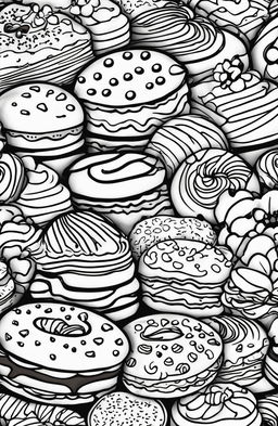 A coloring book style digital art image featuring a delightful assortment of cookies and desserts drawn with crisp, bold lines perfect for coloring