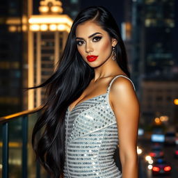A stunningly beautiful woman with long flowing dark hair, wearing a sparkling silver sequin dress that hugs her curves, standing confidently in a glamorous cityscape at night