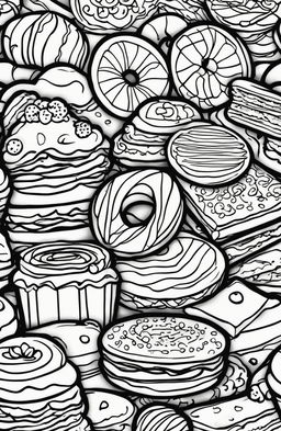 A coloring book style digital art image featuring a delightful assortment of cookies and desserts drawn with crisp, bold lines perfect for coloring