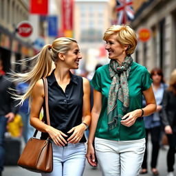 A vibrant street scene featuring two stylish women