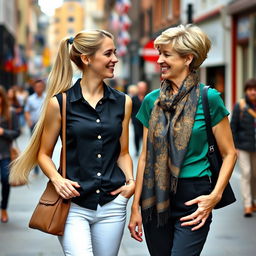 A vibrant street scene featuring two stylish women