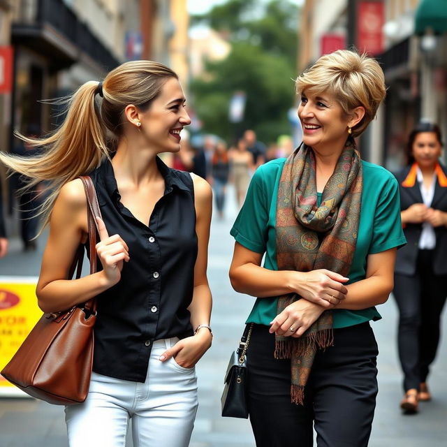 A vibrant street scene featuring two stylish women