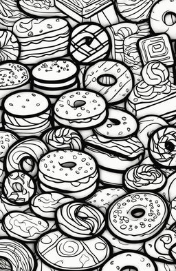 A coloring book style digital art image featuring a delightful assortment of cookies and desserts drawn with crisp, bold lines perfect for coloring