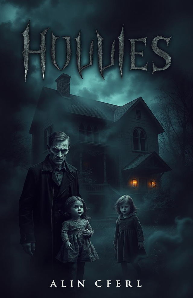 A chilling novel cover featuring an old, decrepit house shrouded in shadow, with dark, swirling mists surrounding it