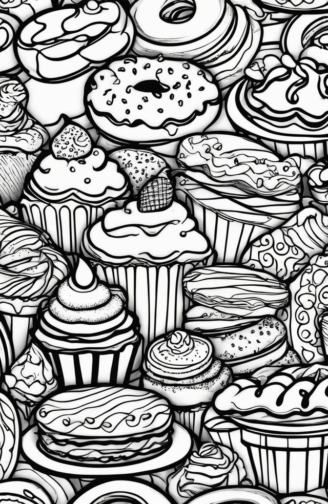 A coloring book style digital art image featuring a delightful assortment of cookies and desserts drawn with crisp, bold lines perfect for coloring